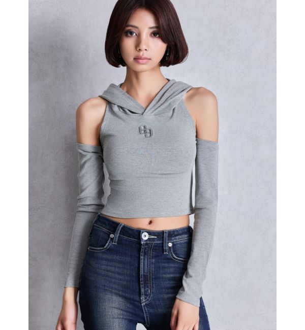 GYDA「GGフードショルダーオープンデザインショートトップス」|Tシャツ・カットソー|グレー