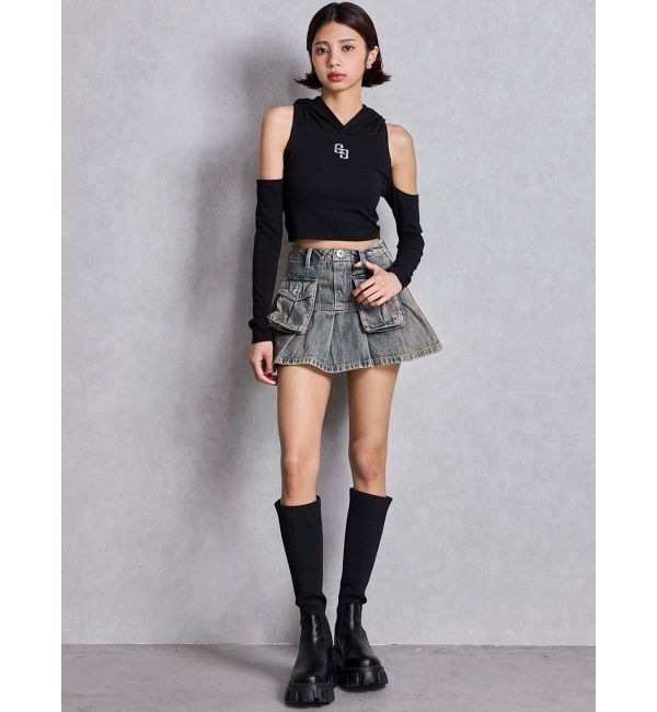 GYDA「GGフードショルダーオープンデザインショートトップス」|Tシャツ・カットソー|