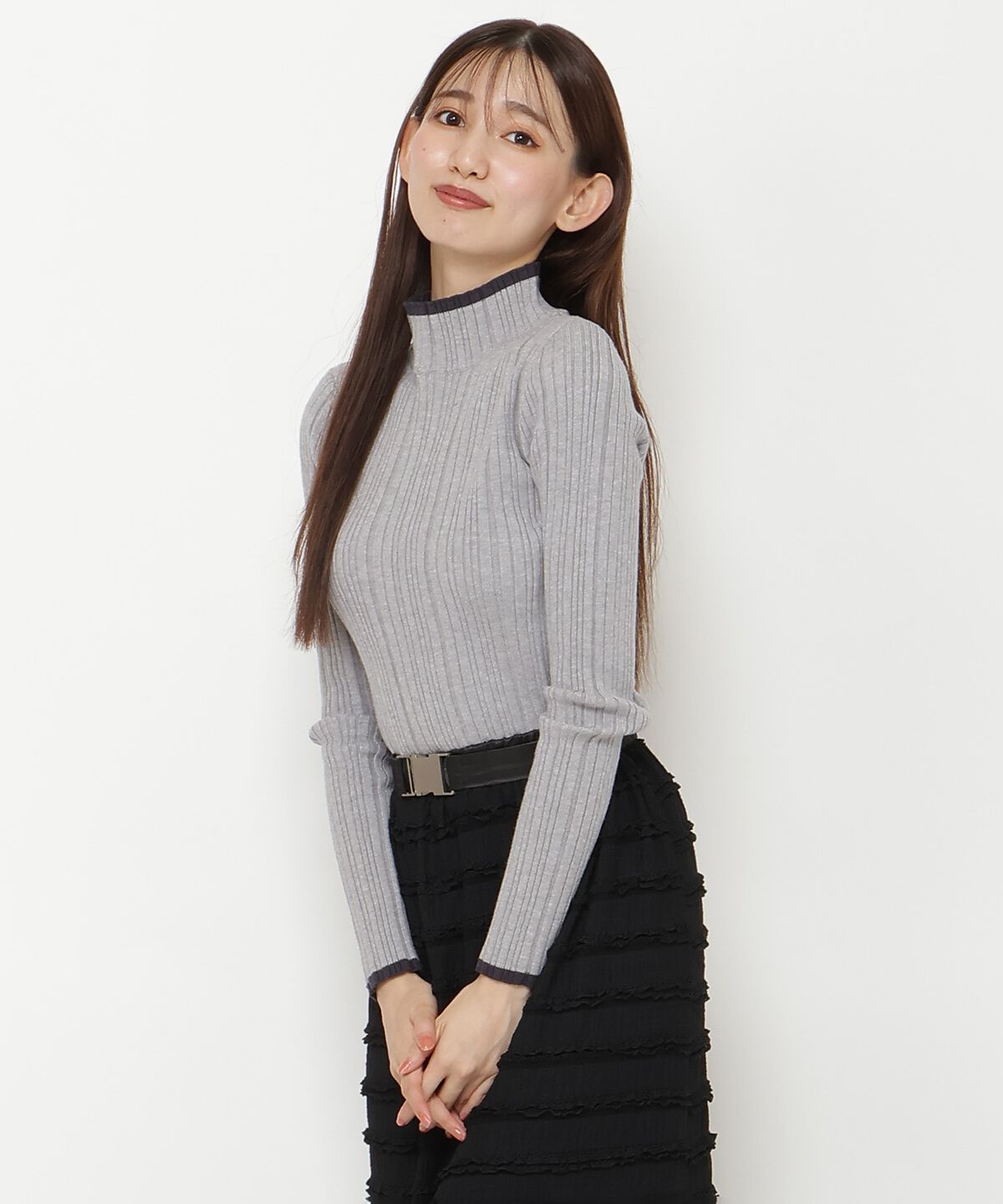 REDYAZEL「バイカラータートルニット」|ニット・セーター|ライトグレー