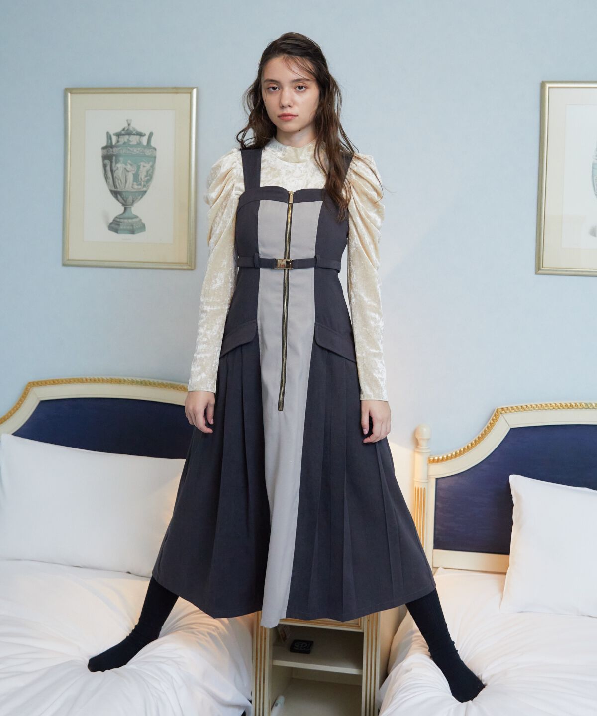 REDYAZEL「バイカラーサイドプリーツジャンパースカート」|ジャンパースカート|