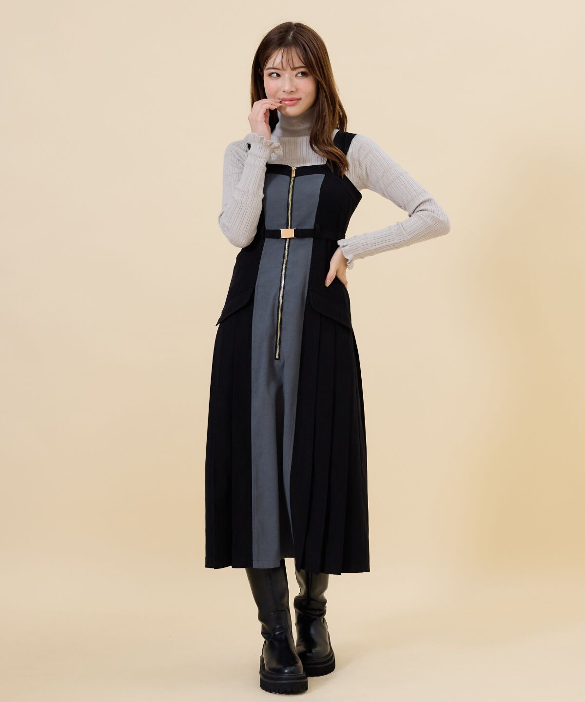 REDYAZEL「バイカラーサイドプリーツジャンパースカート」|ジャンパースカート|ブラック