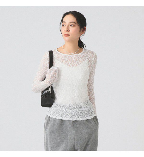 Ray BEAMS 「ストレッチレース クルーネック Tシャツ」|Tシャツ・カットソー|WHITE