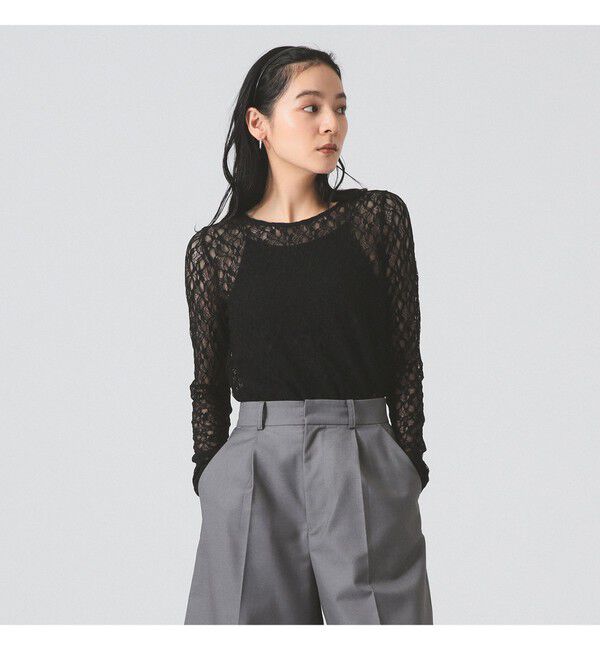 Ray BEAMS 「ストレッチレース クルーネック Tシャツ」|Tシャツ・カットソー|BLACK