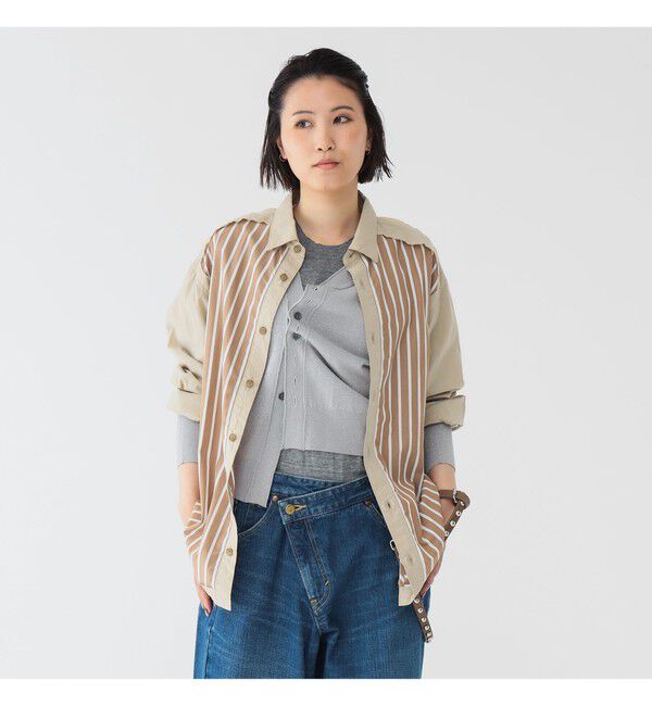 BEAMSBOY「maturely / ストライプ アンド ソリッド カットオフ ロングスリーブ シャツ」|シャツ・ブラウス|BEIGE
