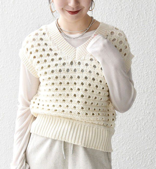 SHIPS any「《予約》SHIPS any:〈手洗い可能〉コットン ミックス 透かし編み Vネック ベスト」|ベスト・ジレ|ホワイト