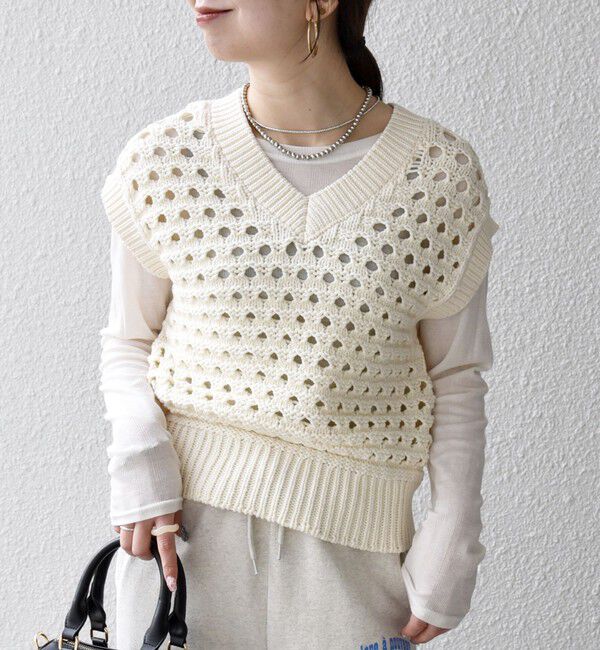 SHIPS any「《予約》SHIPS any:〈手洗い可能〉コットン ミックス 透かし編み Vネック ベスト」|ベスト・ジレ|