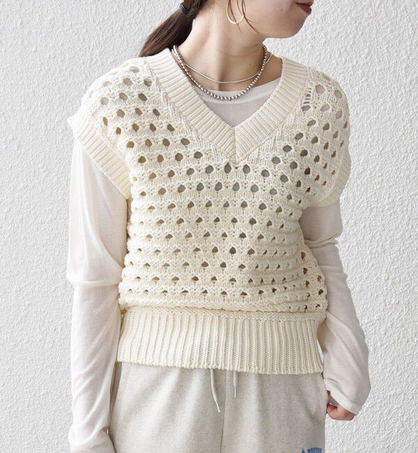 SHIPS any「《予約》SHIPS any:〈手洗い可能〉コットン ミックス 透かし編み Vネック ベスト」|ベスト・ジレ|