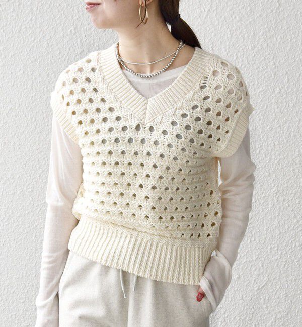 SHIPS any「《予約》SHIPS any:〈手洗い可能〉コットン ミックス 透かし編み Vネック ベスト」|ベスト・ジレ|