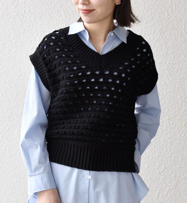SHIPS any「《予約》SHIPS any:〈手洗い可能〉コットン ミックス 透かし編み Vネック ベスト」|ベスト・ジレ|