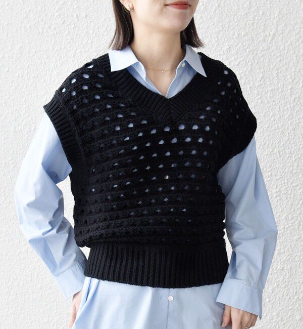 SHIPS any「《予約》SHIPS any:〈手洗い可能〉コットン ミックス 透かし編み Vネック ベスト」|ベスト・ジレ|