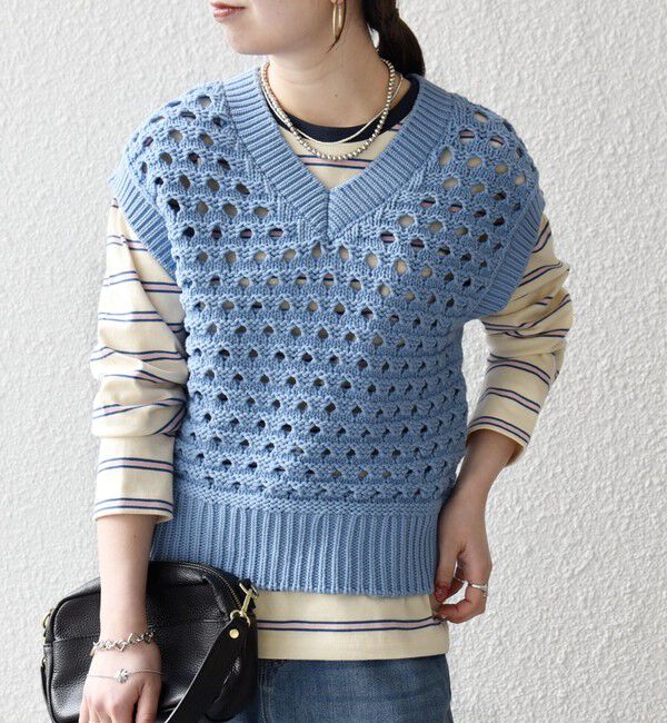 SHIPS any「《予約》SHIPS any:〈手洗い可能〉コットン ミックス 透かし編み Vネック ベスト」|ベスト・ジレ|