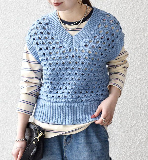 SHIPS any「《予約》SHIPS any:〈手洗い可能〉コットン ミックス 透かし編み Vネック ベスト」|ベスト・ジレ|