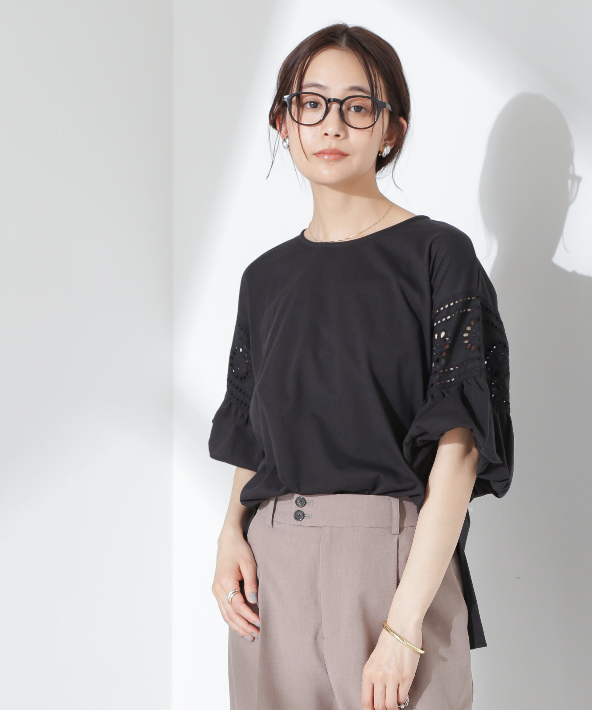 nano･universe「お花柄レース切替バルーンスリーブカットトップス」|Tシャツ・カットソー|ブラック