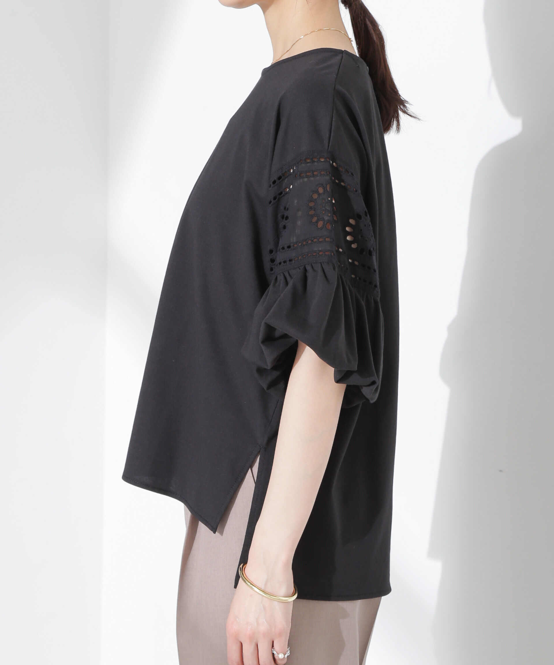 nano･universe「お花柄レース切替バルーンスリーブカットトップス」|Tシャツ・カットソー|