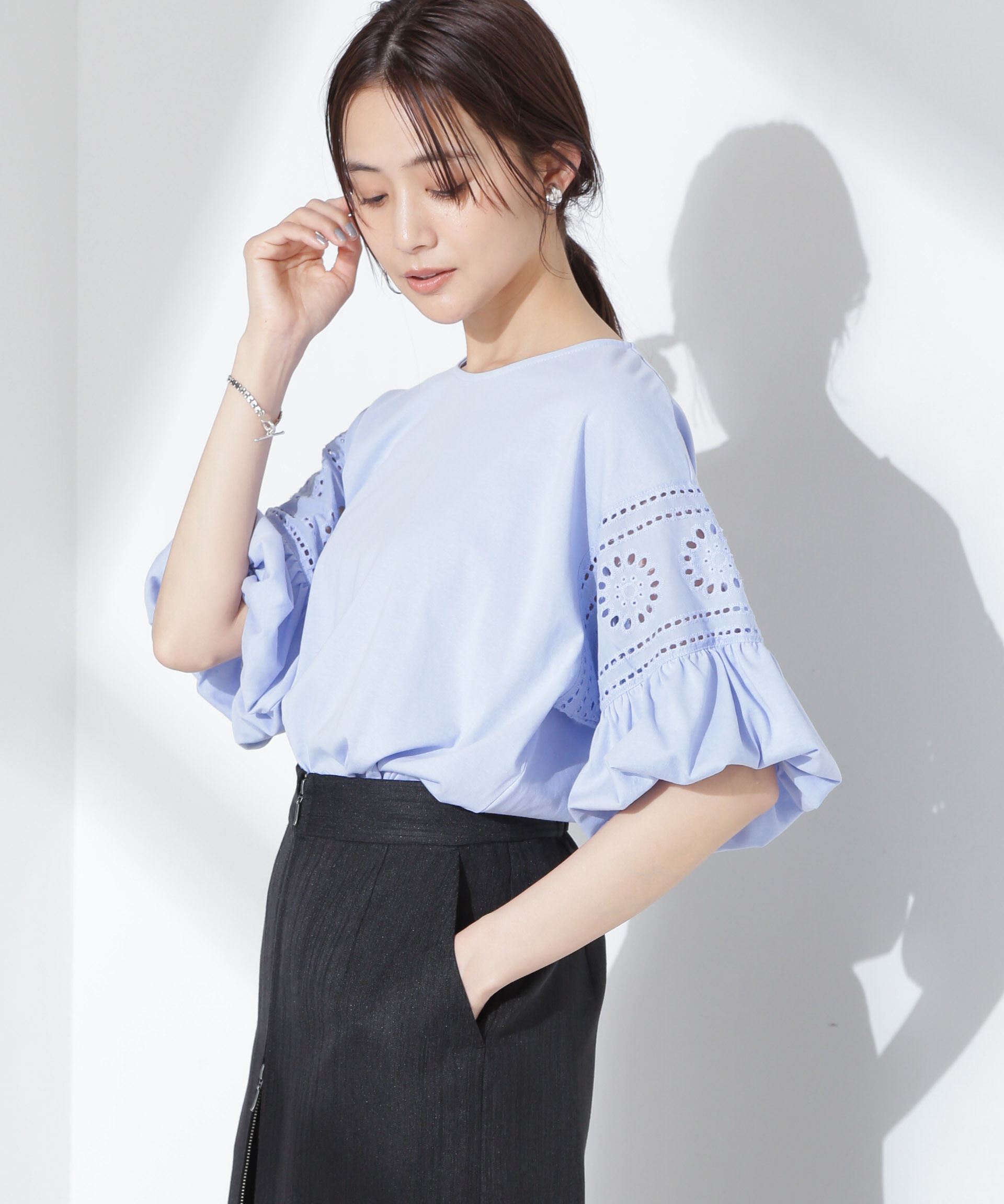 nano･universe「お花柄レース切替バルーンスリーブカットトップス」|Tシャツ・カットソー|パープル