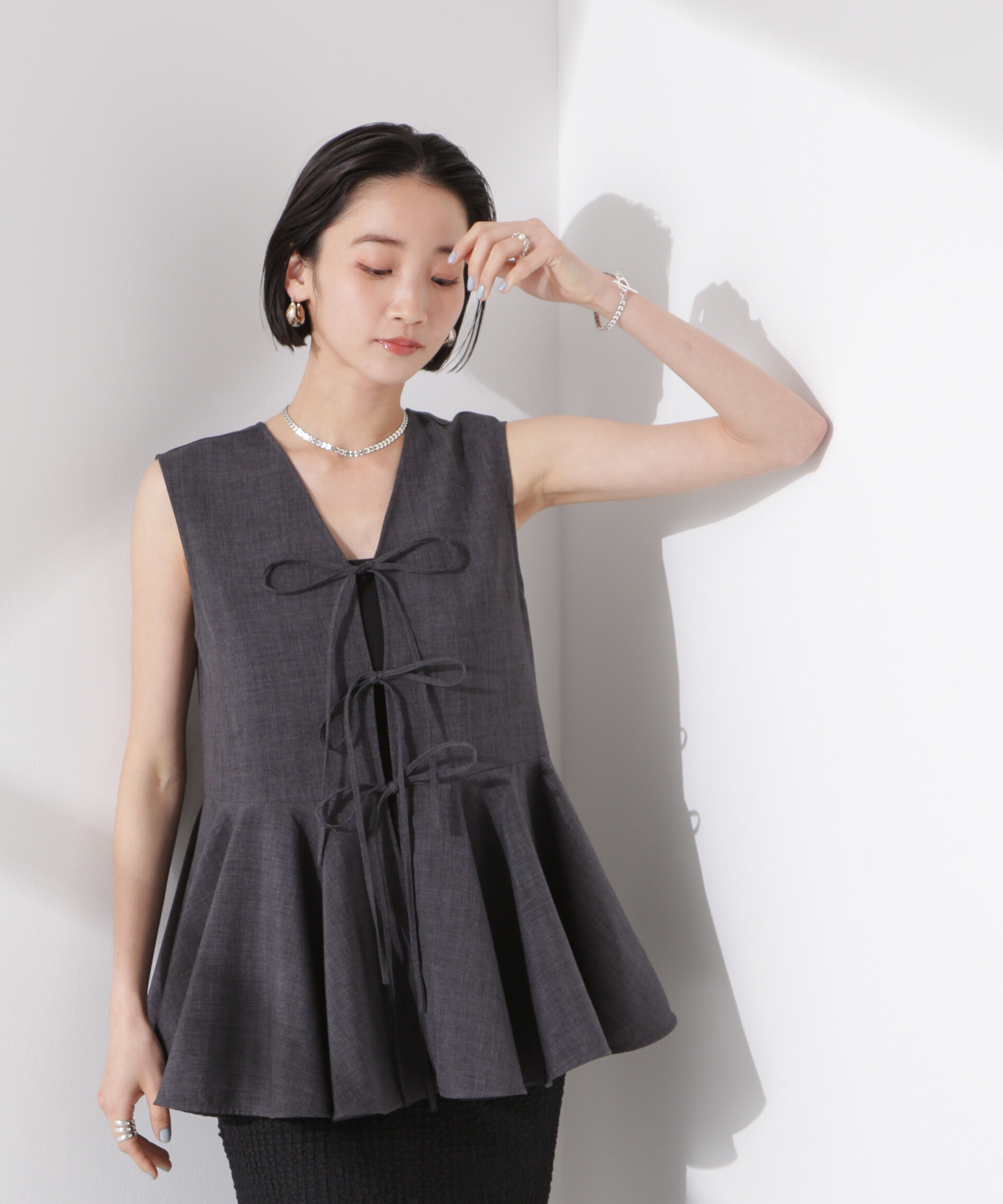 nano･universe「前後２wayリネンライクリボン結びジレブラウス（セットアップ可）」|シャツ・ブラウス|