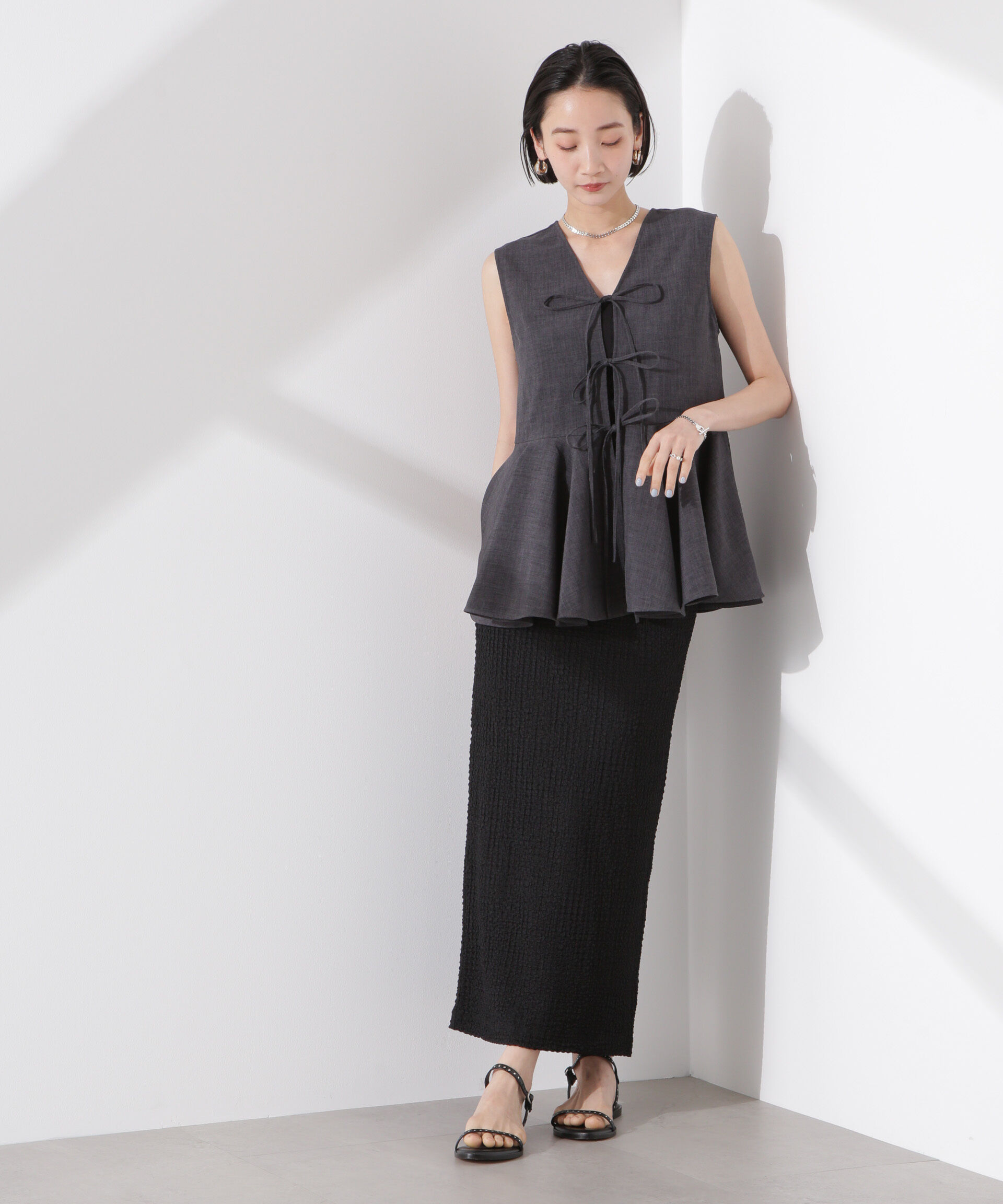 nano･universe「前後２wayリネンライクリボン結びジレブラウス（セットアップ可）」|シャツ・ブラウス|