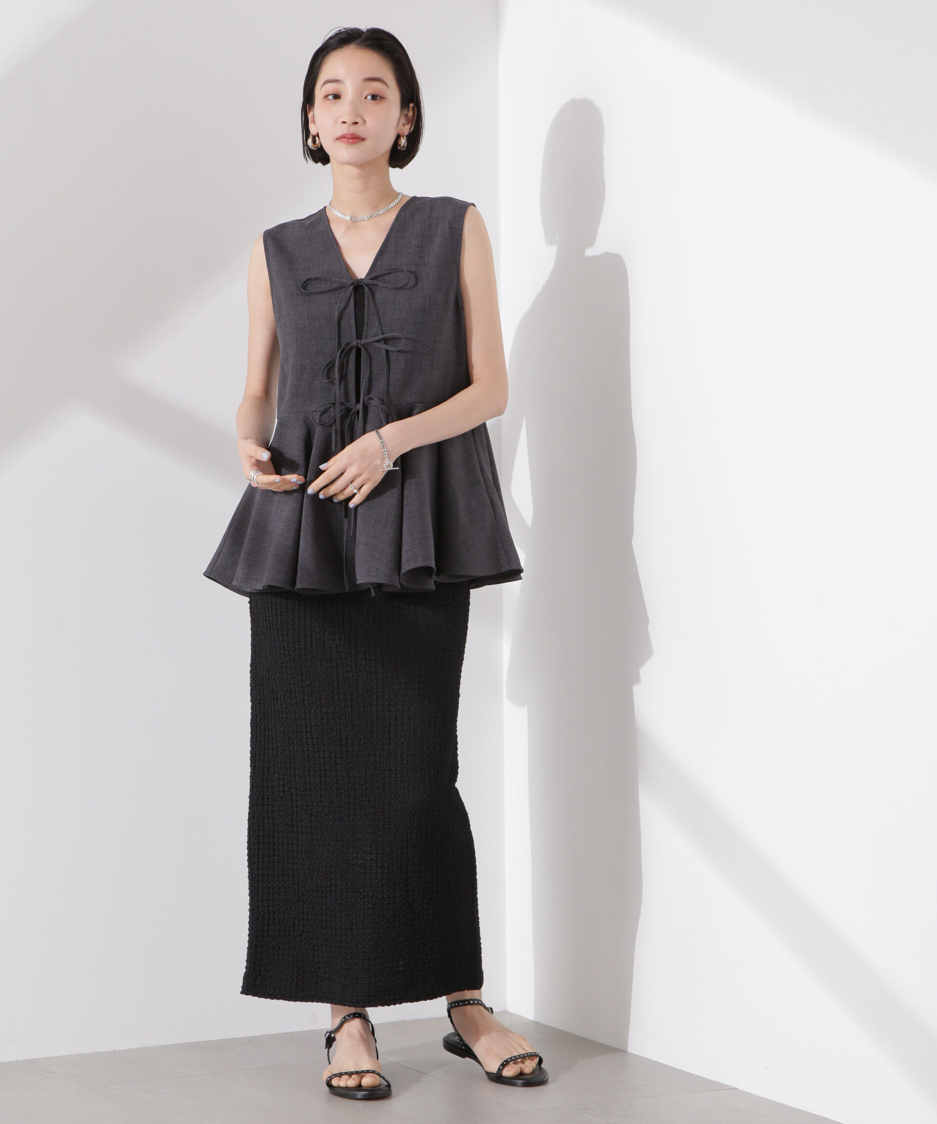 nano･universe「前後２wayリネンライクリボン結びジレブラウス（セットアップ可）」|シャツ・ブラウス|