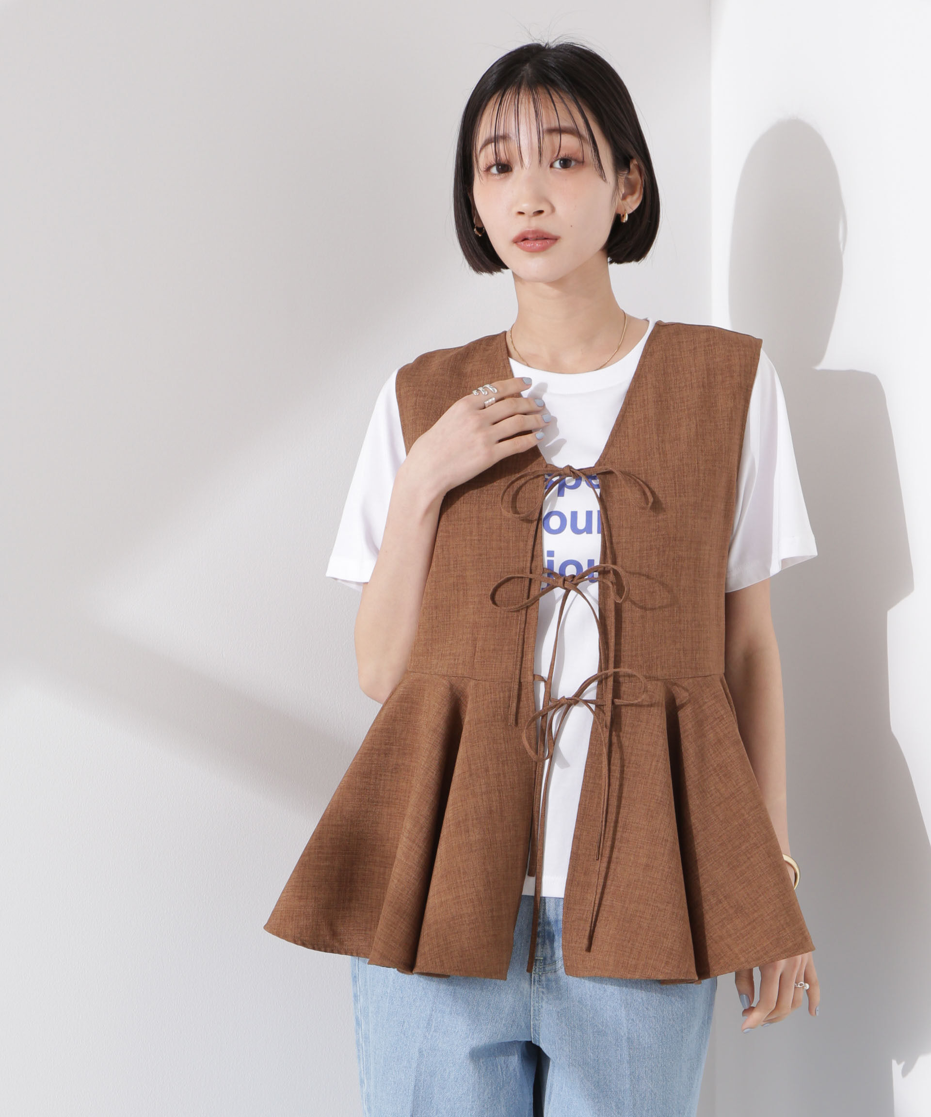 nano･universe「前後２wayリネンライクリボン結びジレブラウス（セットアップ可）」|シャツ・ブラウス|