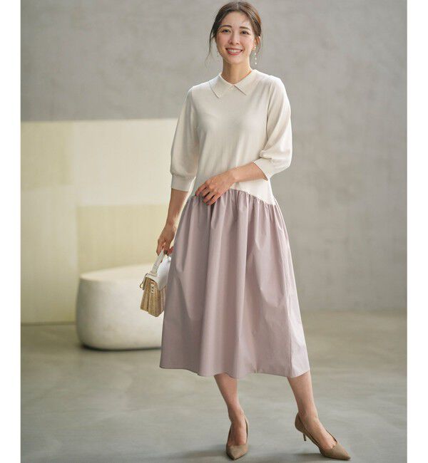 組曲「襟付きドッキング ニットワンピース」|ワンピース|ベージュ系