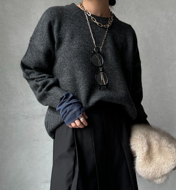  「【WEB限定】クルーネックショートプルオーバー」|ニット・セーター|チャコールグレー