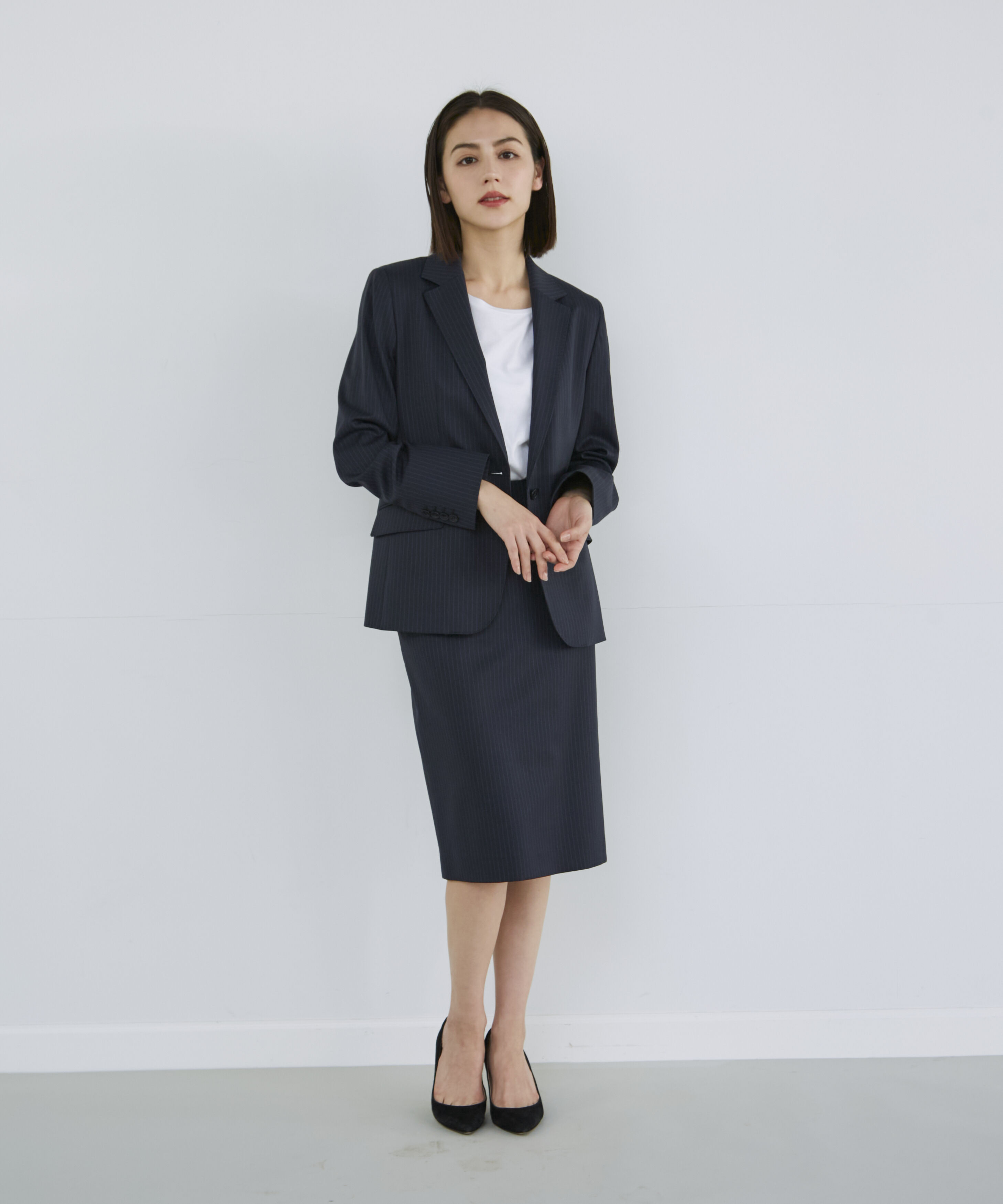 INED「シルクウールタイトスカート」|タイト|ネイビー