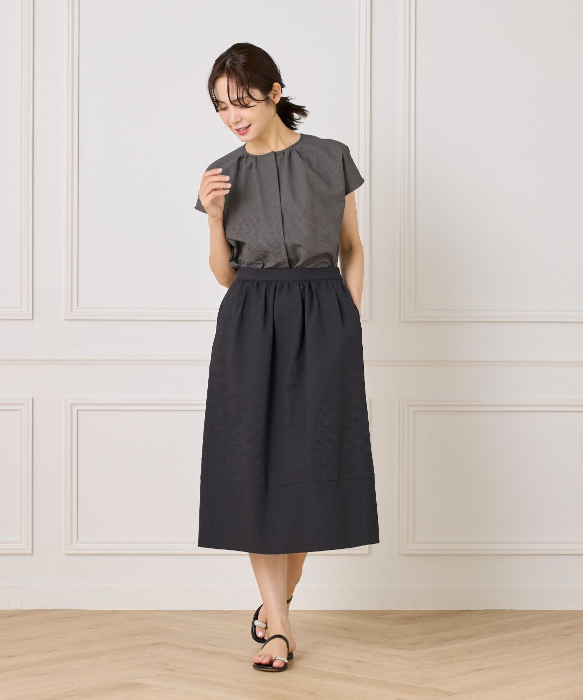 7-IDconcept.「《大きいサイズ》サッカーチェック 切り替えギャザースカート」|台形|