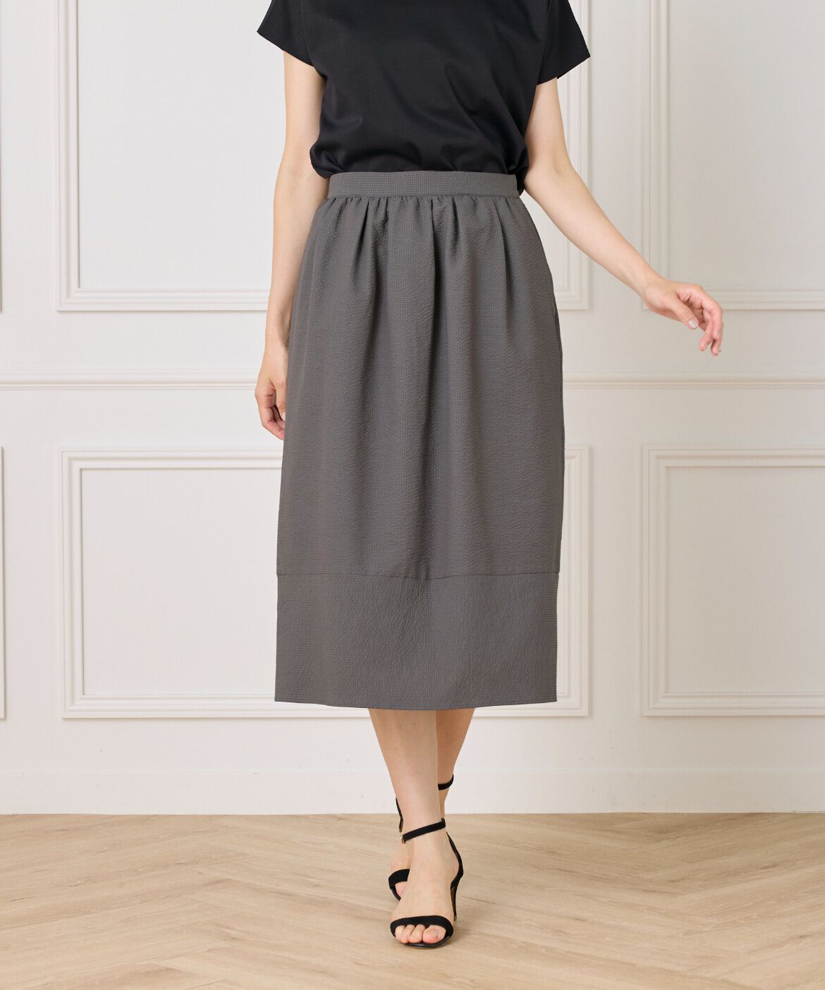 7-IDconcept.「《大きいサイズ》サッカーチェック 切り替えギャザースカート」|台形|