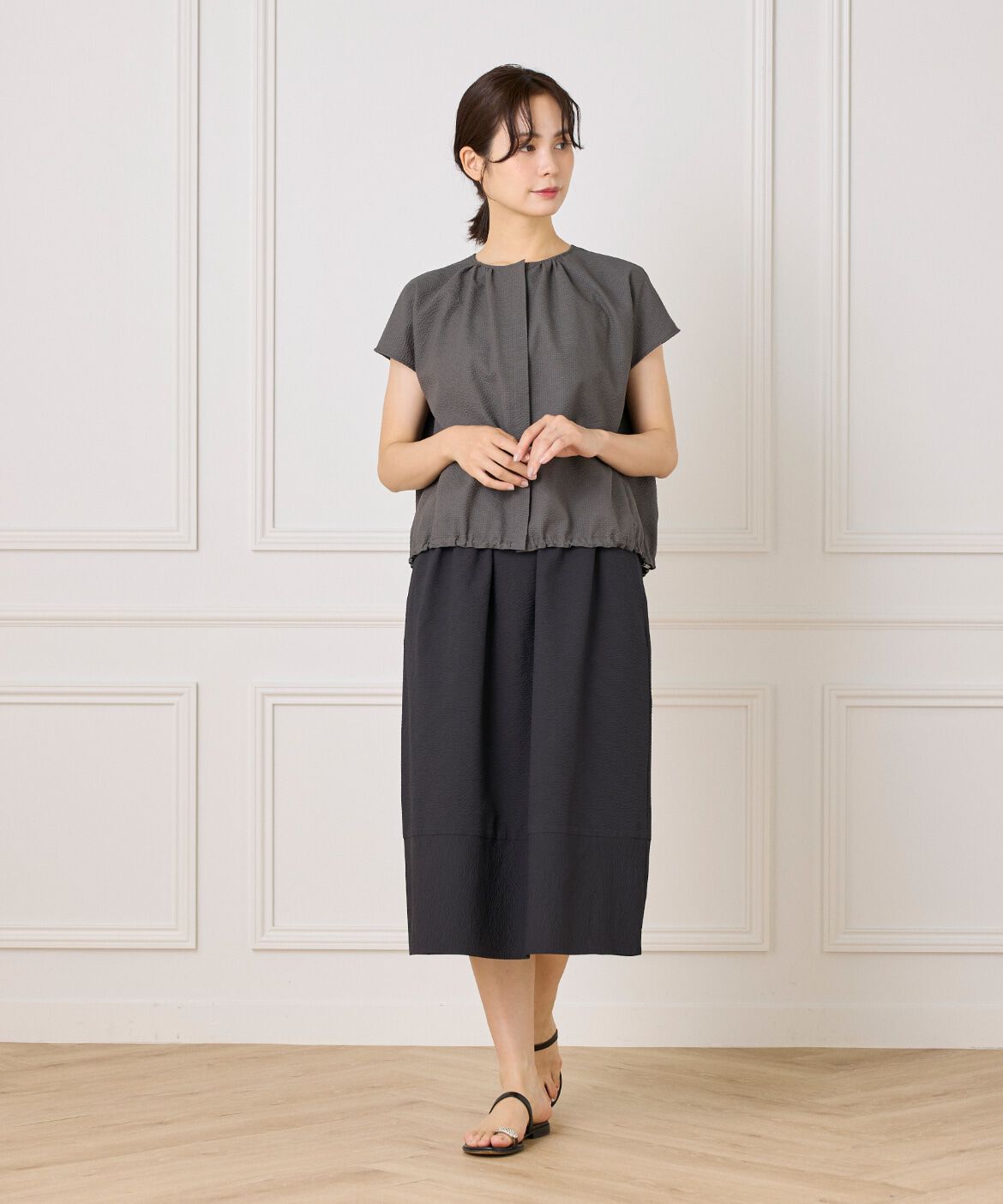 7-IDconcept.「《大きいサイズ》サッカーチェック 切り替えギャザースカート」|台形|