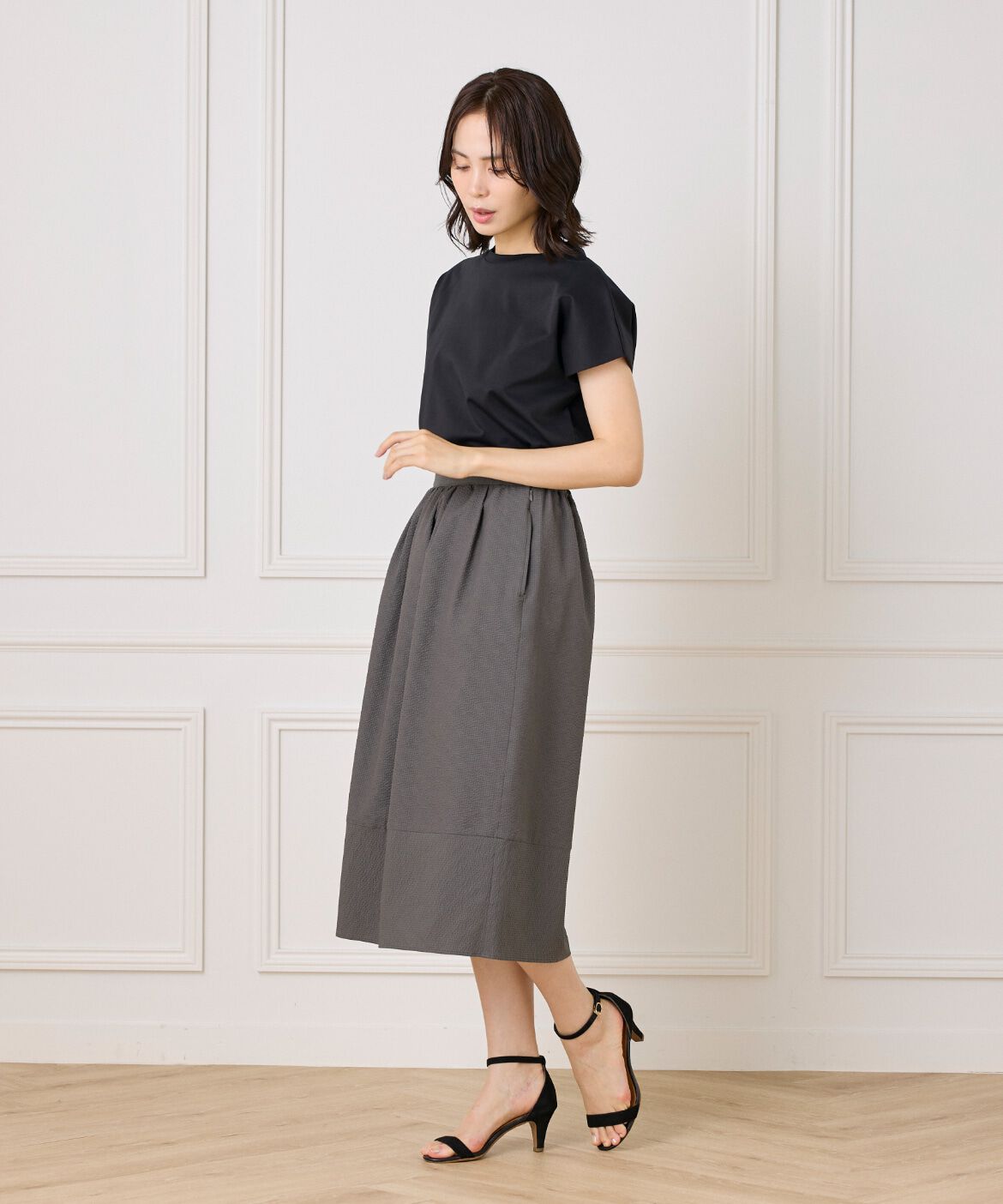 7-IDconcept.「《大きいサイズ》サッカーチェック 切り替えギャザースカート」|台形|