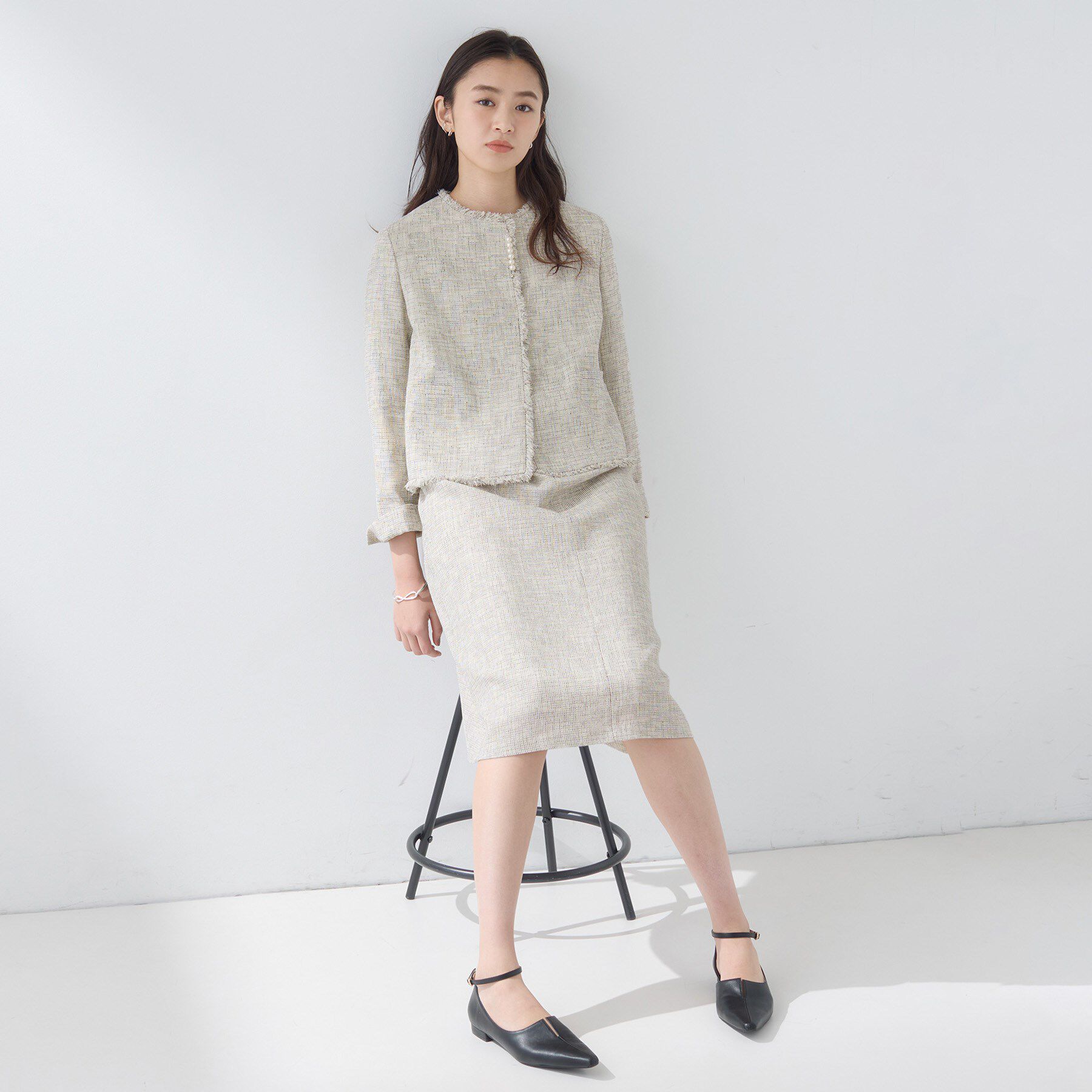 INDIVI「【軽量／セレモニー／SETUP可能】ストレッチツイードジャケット」|ノーカラージャケット|