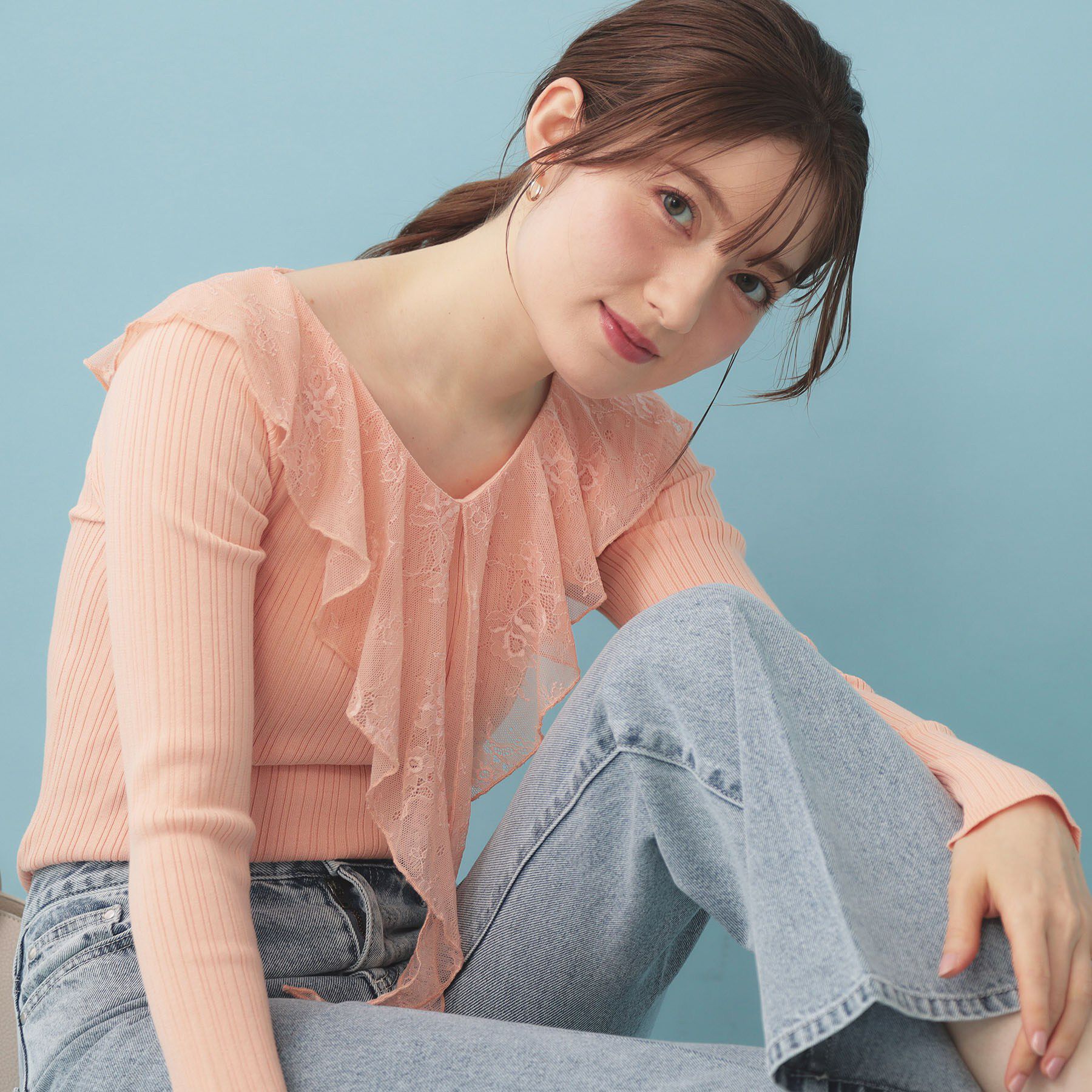 index「レースフリルVネックリブニット【洗濯機OK/坑ピル】」|ニット・セーター|オレンジ(065)