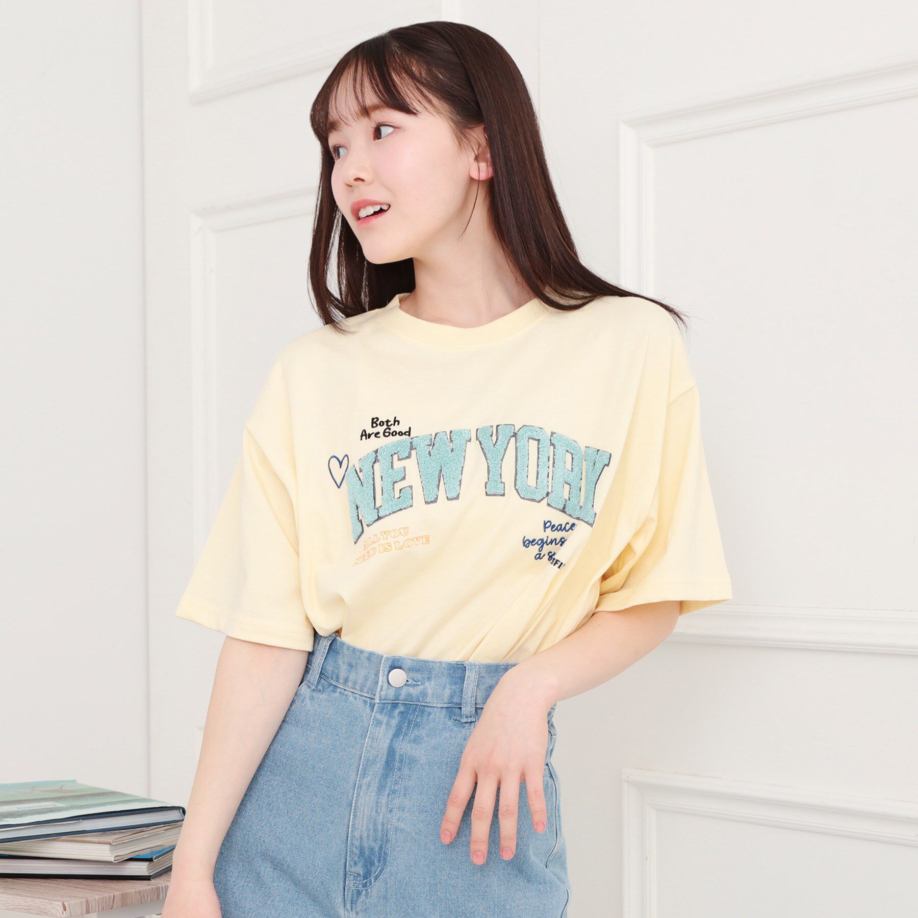 PINK-latte「さがら刺繍ビッグTシャツ」|Tシャツ・カットソー|イエロー(031)