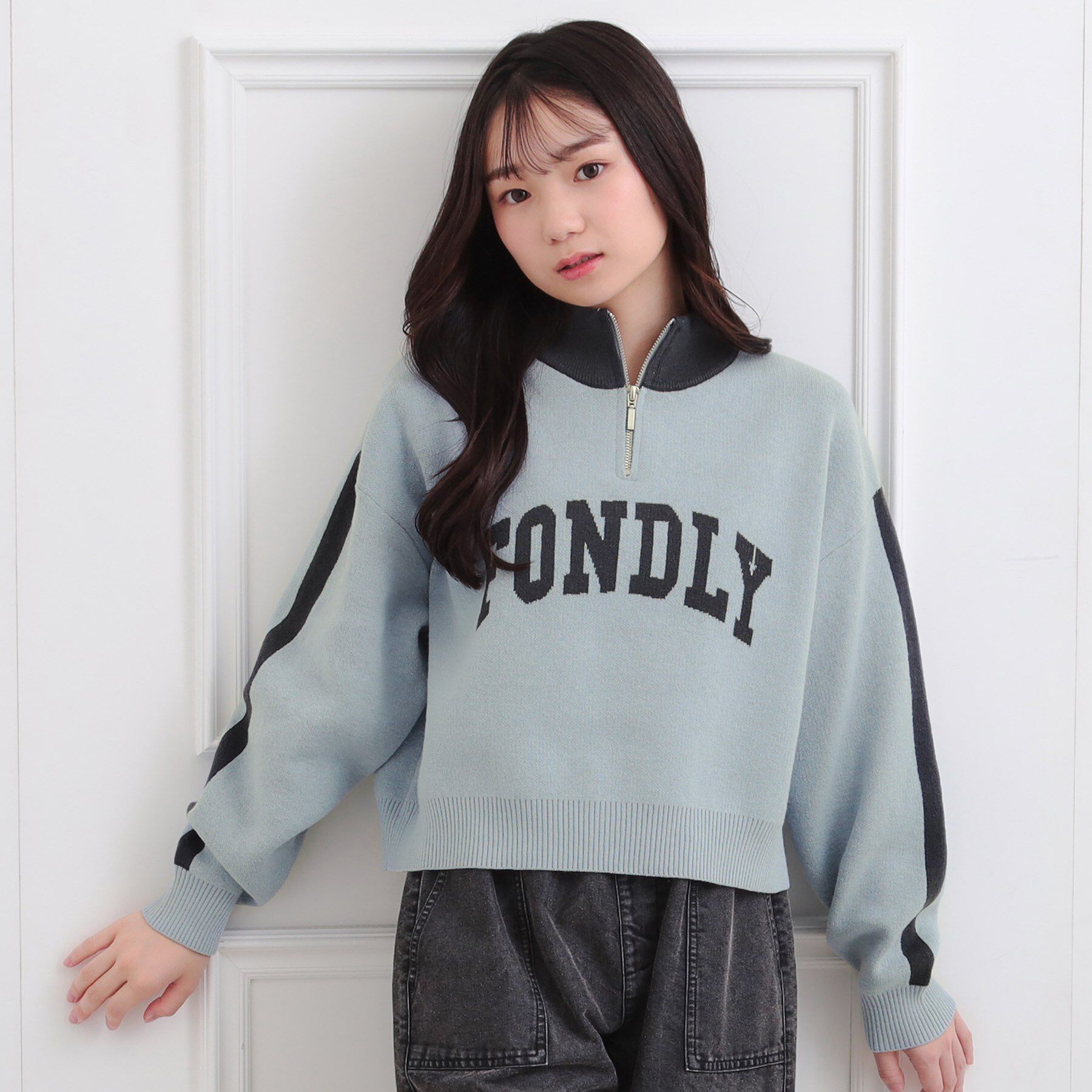 PINK-latte「もちもちハーフZIPニットプルオーバー」|ニット・セーター|ブルー(081)