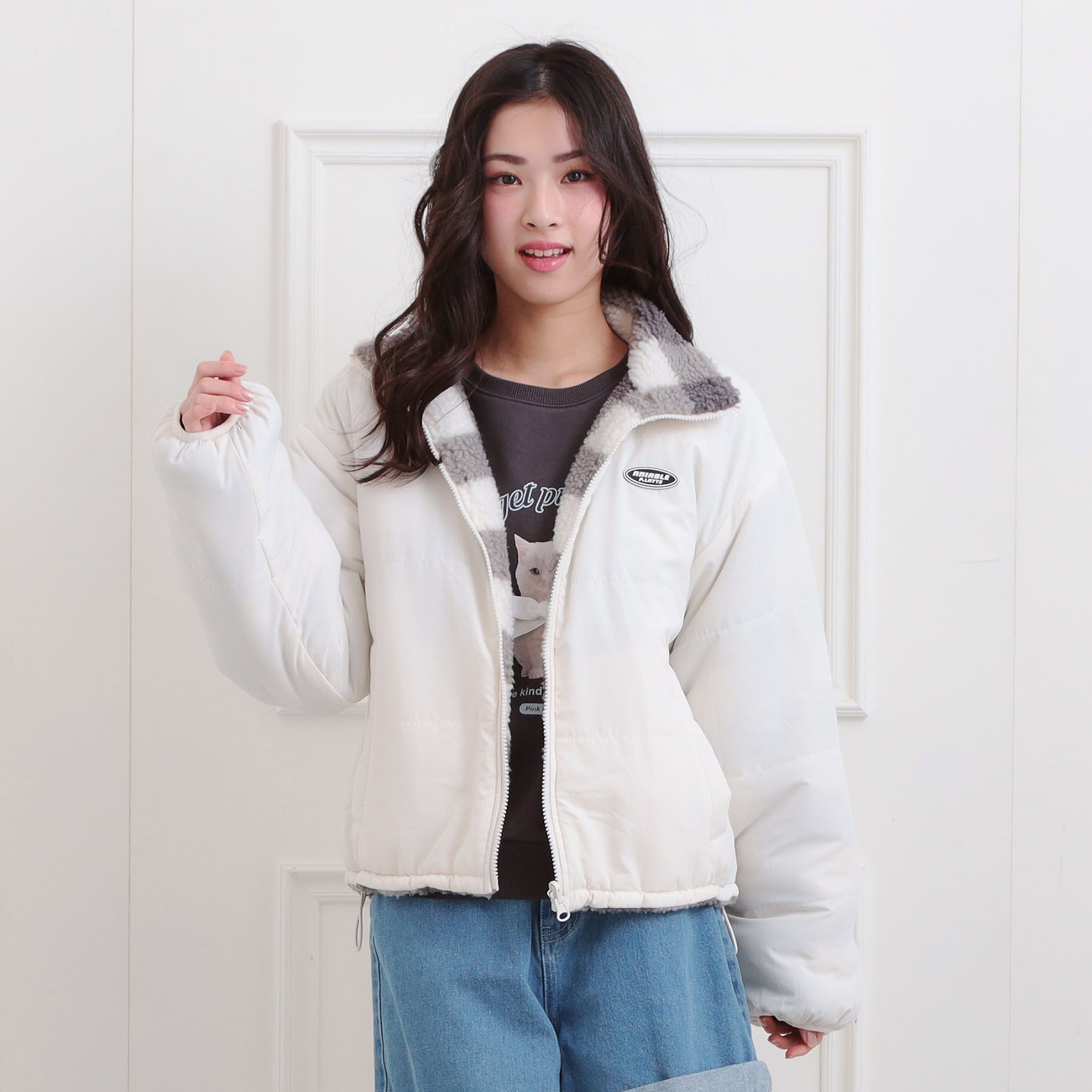 PINK-latte「ボアリバーシブルブルゾン」|ブルゾン・スタジャン|アイボリー(004)