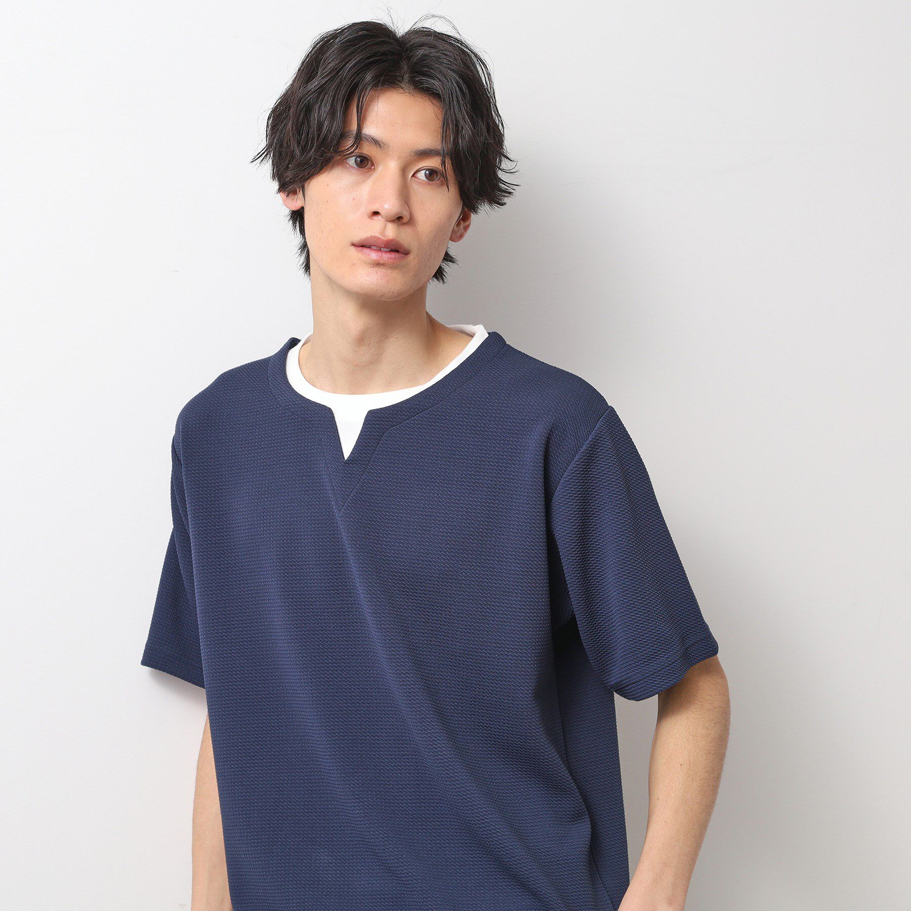 THE SHOP TK「ミニフクレキーネック半袖Tシャツ」|Tシャツ・カットソー|ネイビー(094)