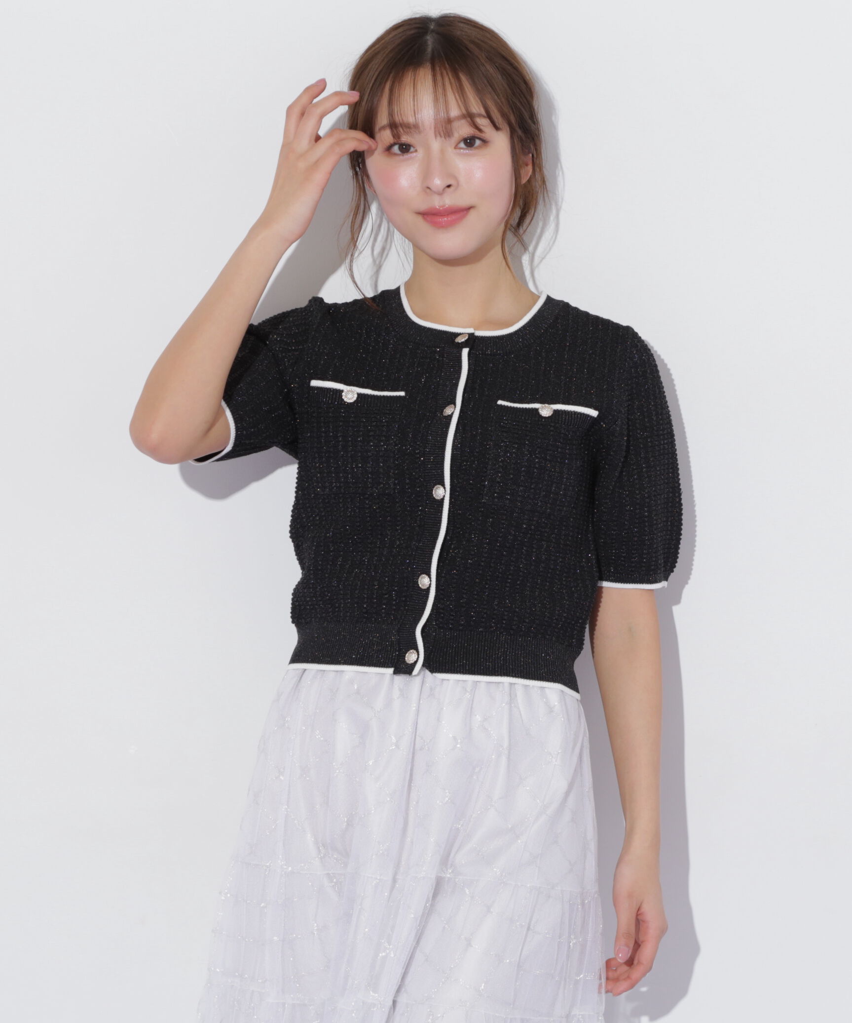  「半袖ツイードニットカーディガン」|ニット・セーター|