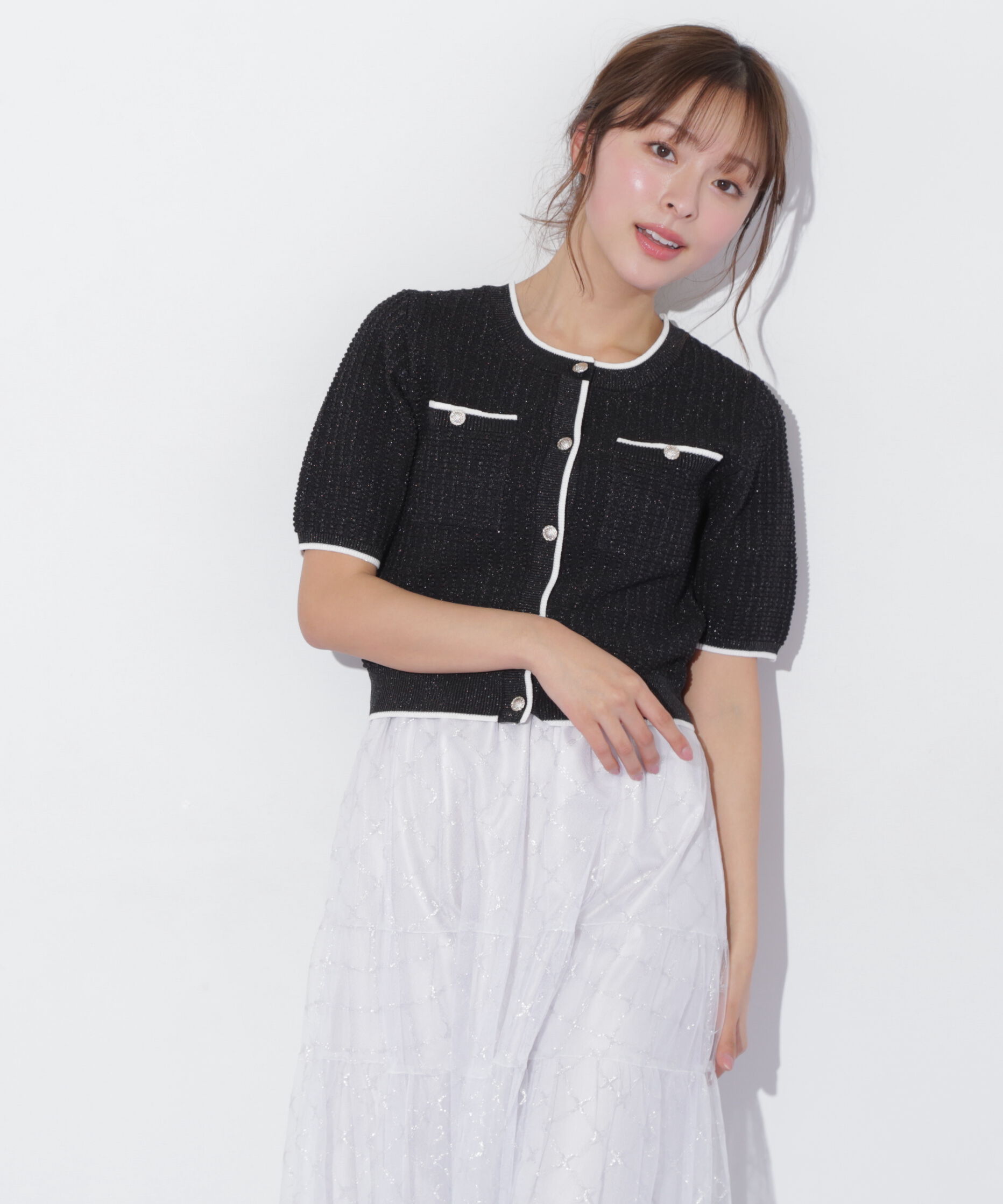  「半袖ツイードニットカーディガン」|ニット・セーター|