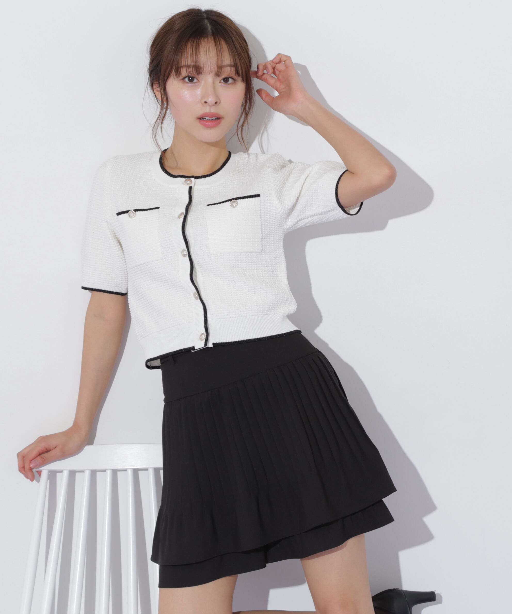  「半袖ツイードニットカーディガン」|ニット・セーター|