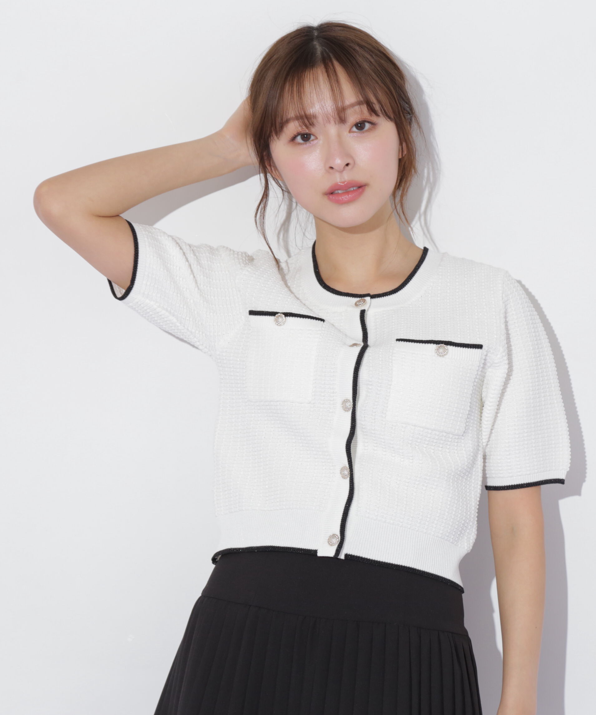  「半袖ツイードニットカーディガン」|ニット・セーター|