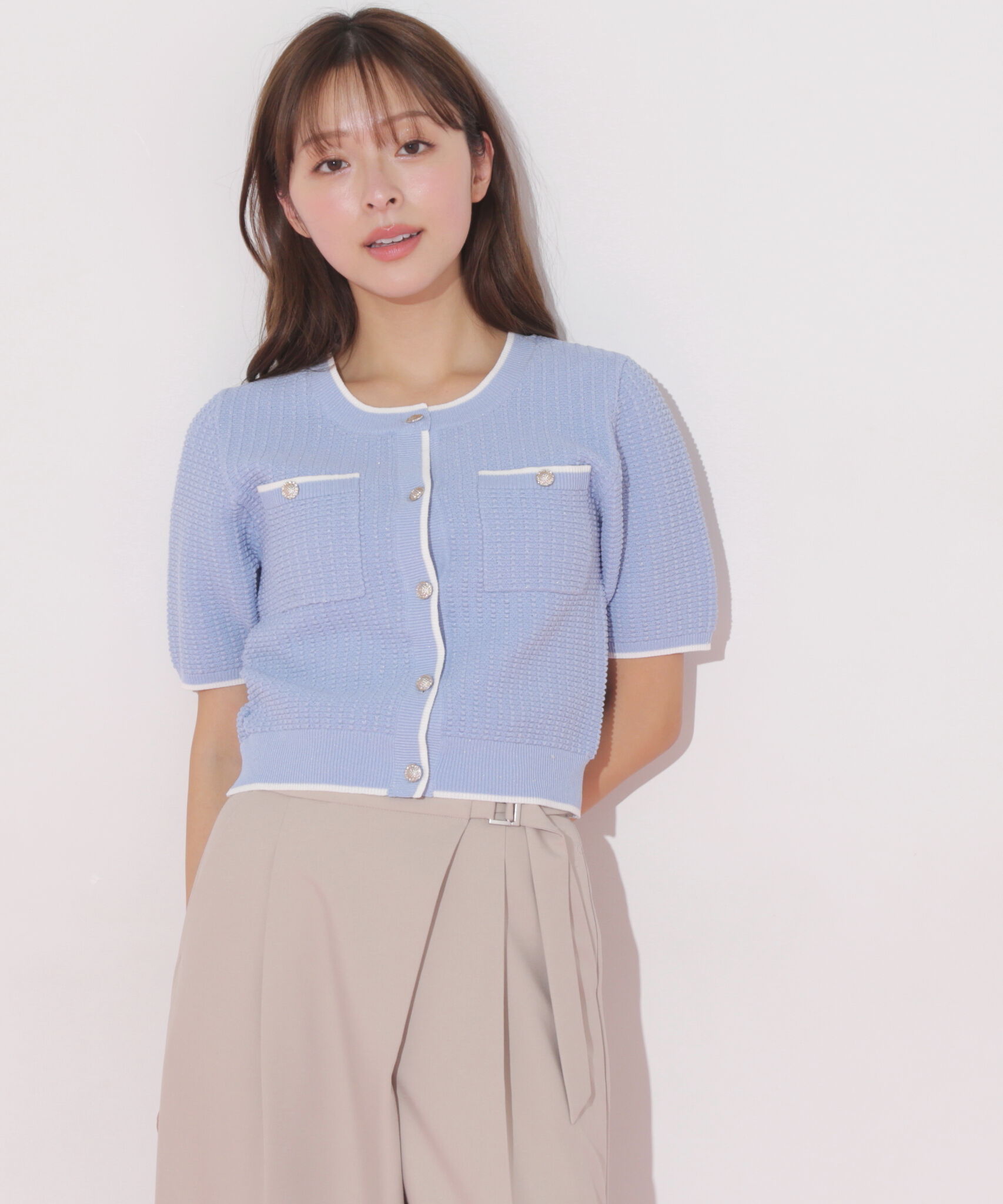  「半袖ツイードニットカーディガン」|ニット・セーター|