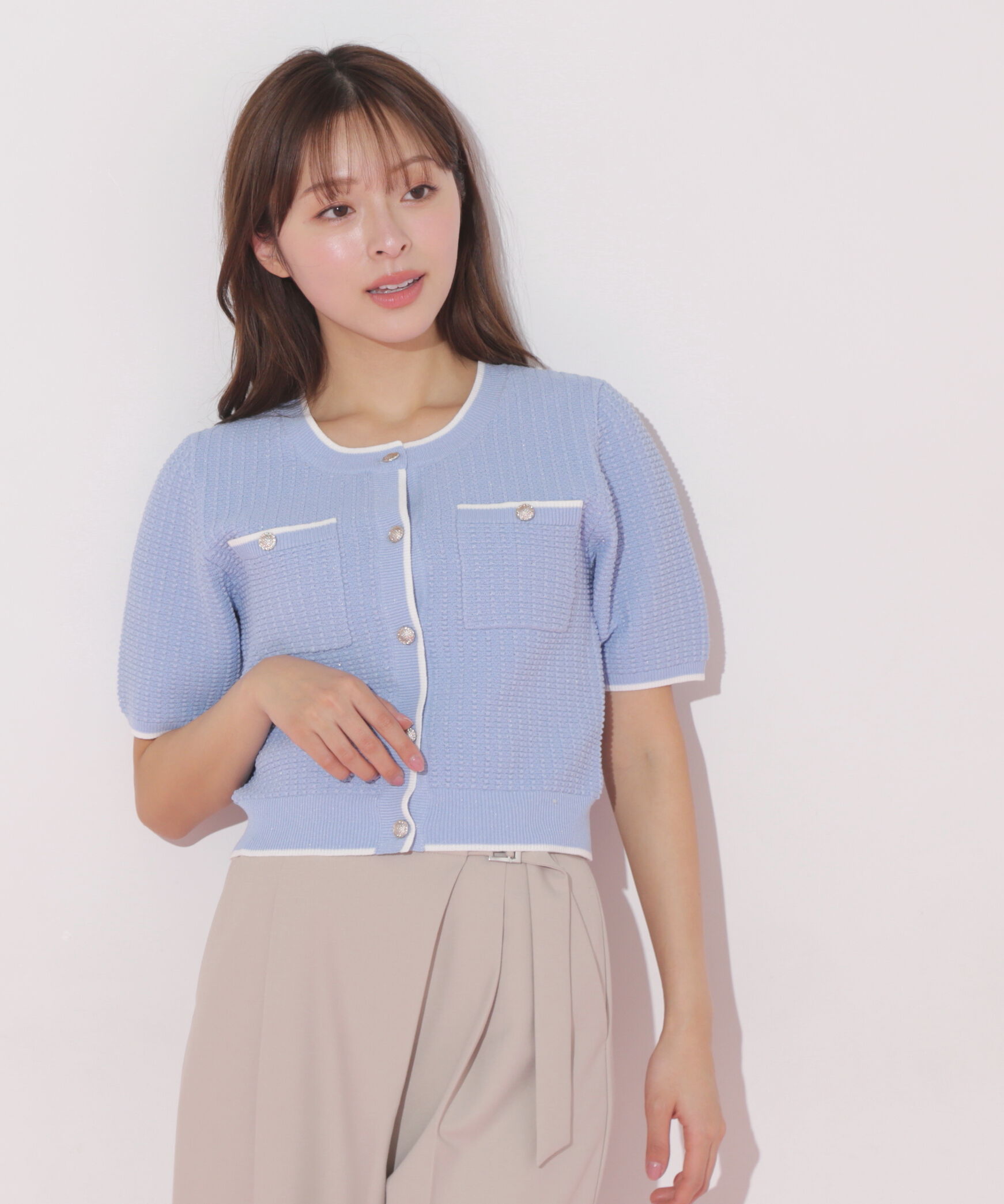  「半袖ツイードニットカーディガン」|ニット・セーター|