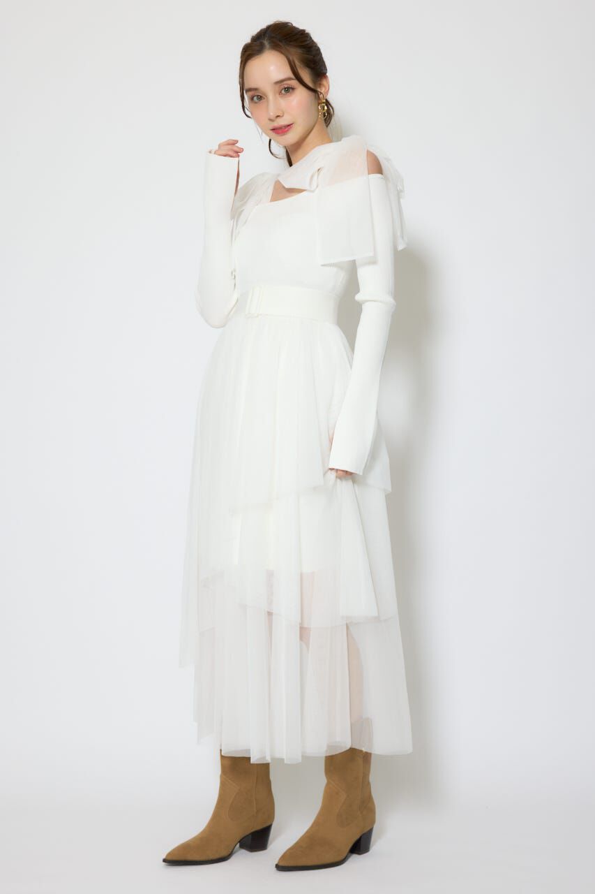 rienda「ショルダーリボンチュールニットワンピース」|ワンピース|