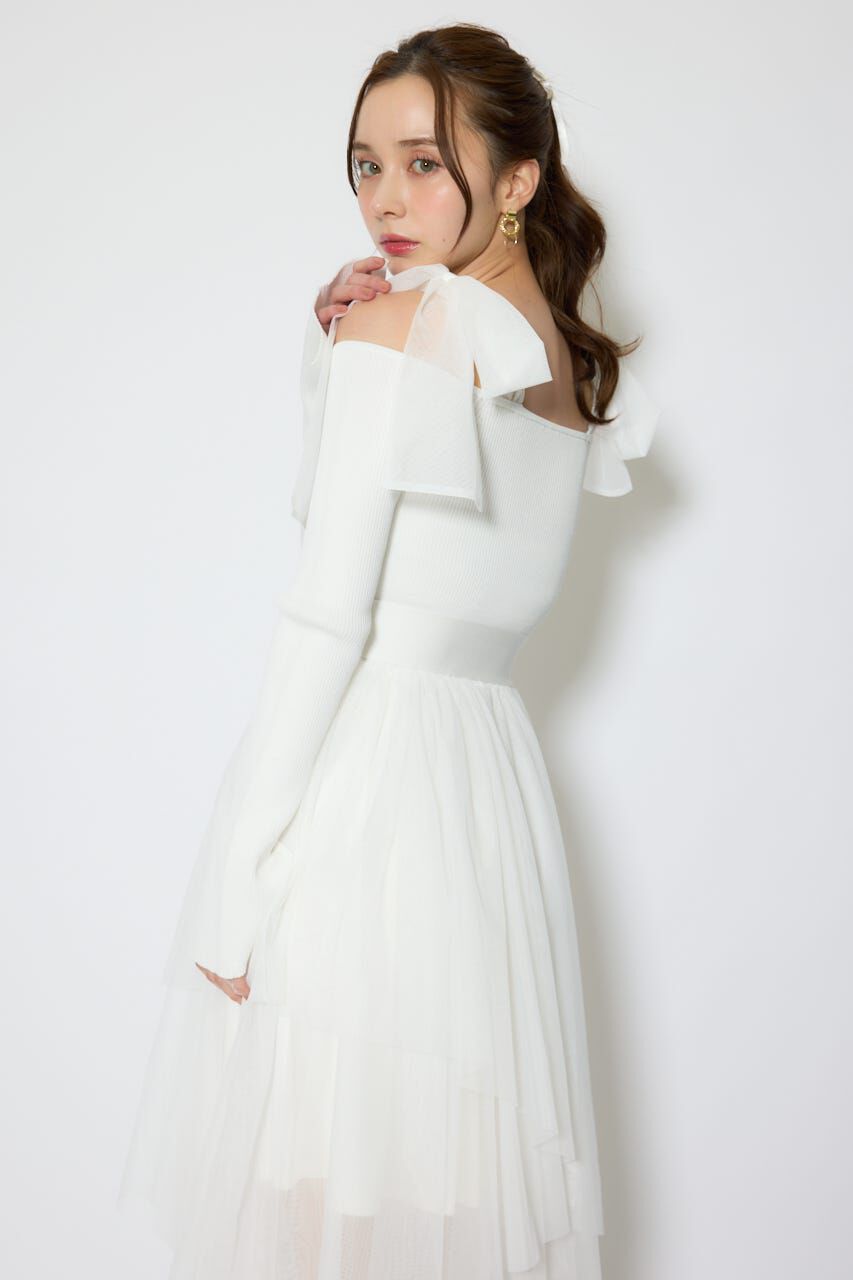 rienda「ショルダーリボンチュールニットワンピース」|ワンピース|