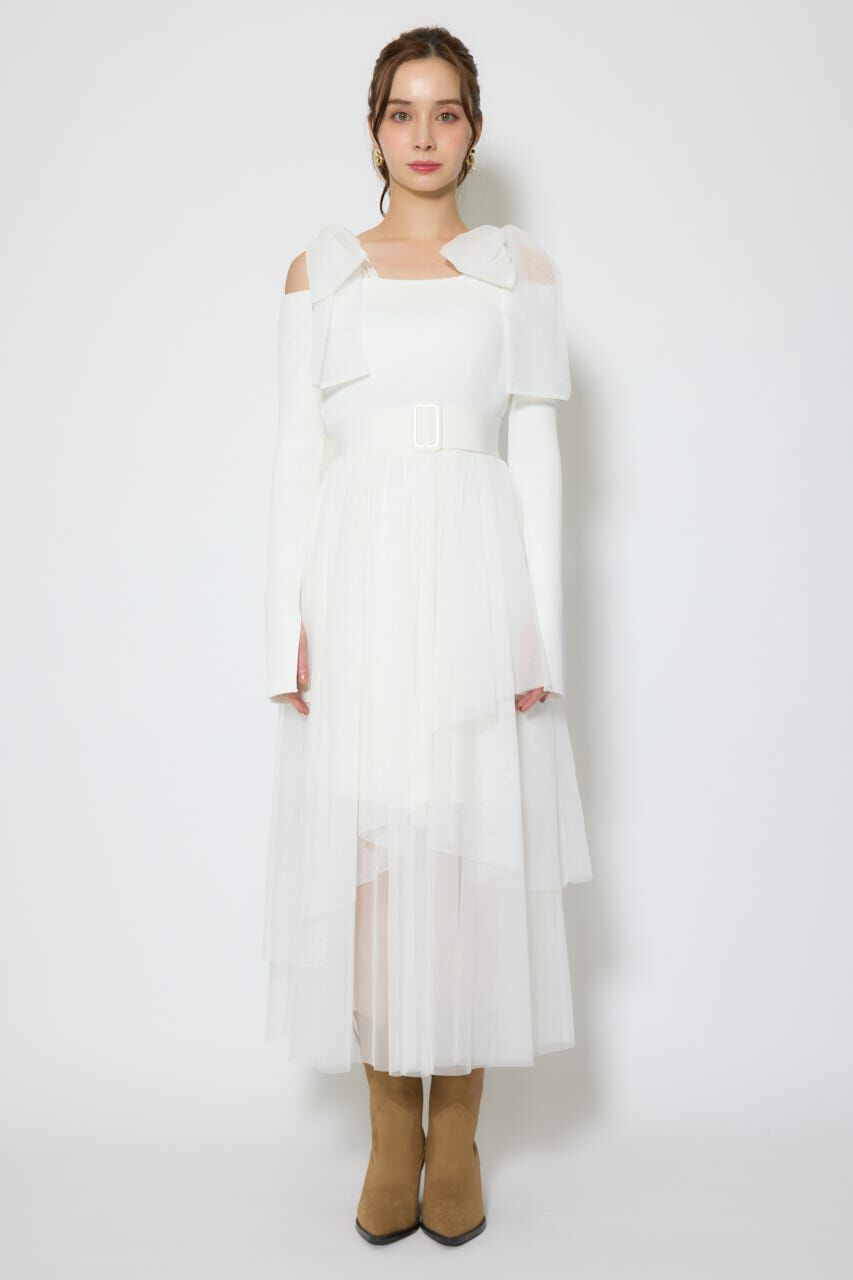 rienda「ショルダーリボンチュールニットワンピース」|ワンピース|