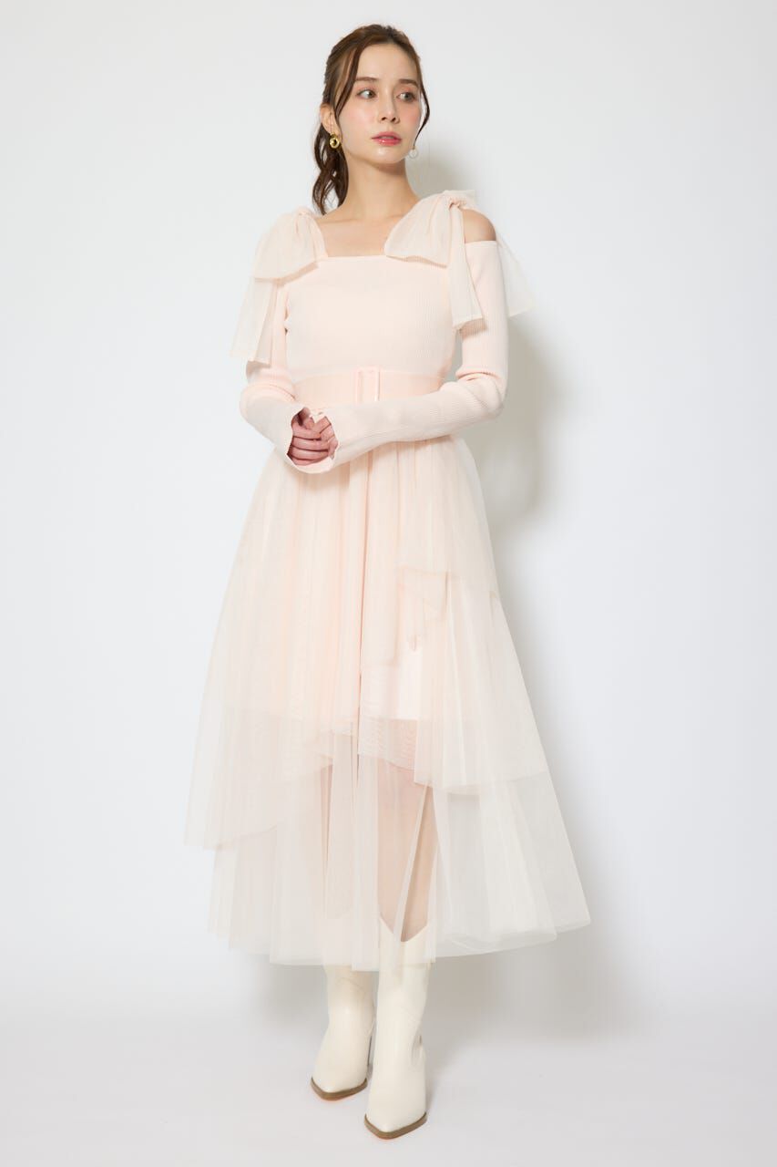 rienda「ショルダーリボンチュールニットワンピース」|ワンピース|