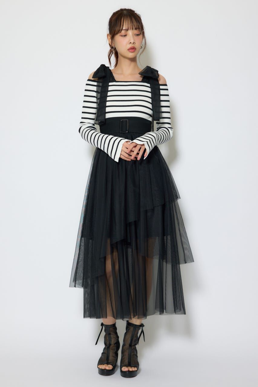 rienda「ショルダーリボンチュールニットワンピース」|ワンピース|