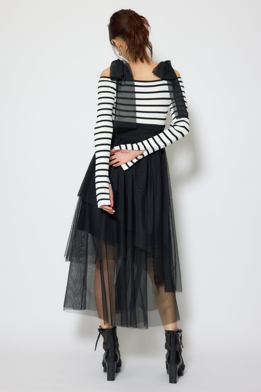 rienda「ショルダーリボンチュールニットワンピース」|ワンピース|