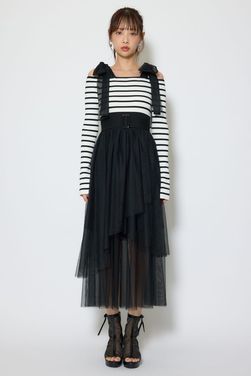 rienda「ショルダーリボンチュールニットワンピース」|ワンピース|