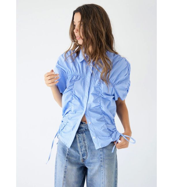 Ungrid「ギャザーデザインハーフスリーブシャツ」|シャツ・ブラウス|ブルー